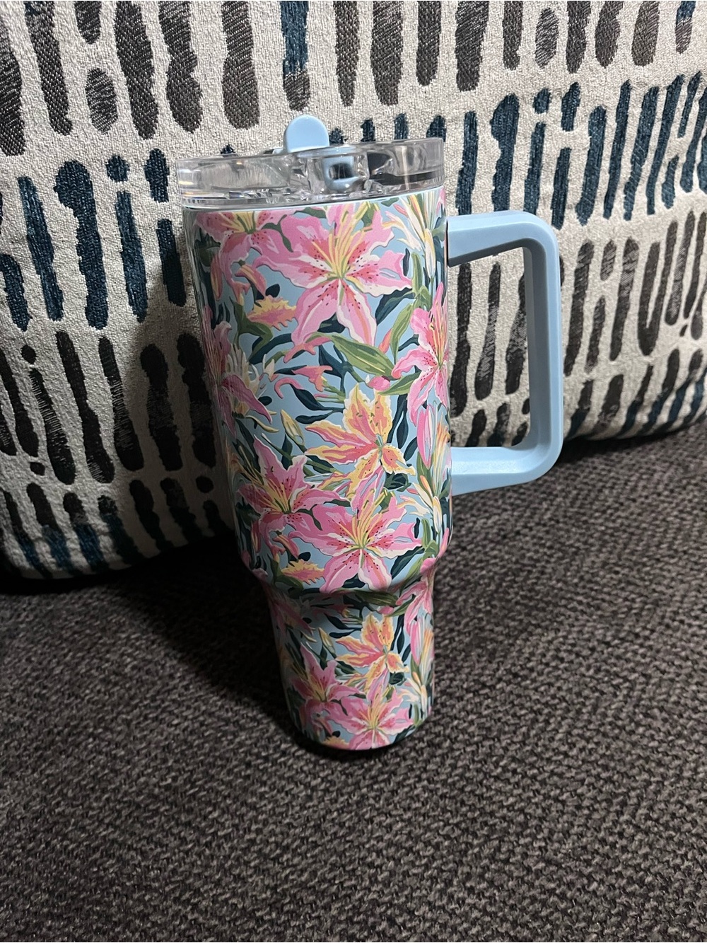 Hobby Lobby Pink Floral Travel Tumbler with Light Blue Handle